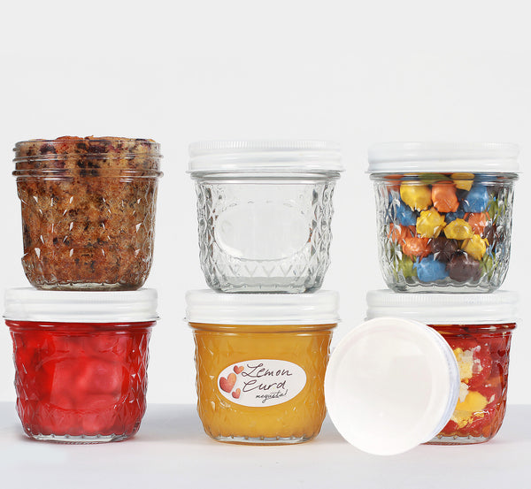 megusta!® 6 Einmachgläser Diamantmuster | 200-270 ml | Deckel weiß | für Marmelade, Chutney, Pesto, Sauce, Dessert, Zucker, Bonbons