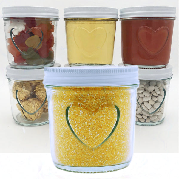 megusta!® 6 Einmachgläser mit Herz im Glas | 300 ml | weißer Deckel | für Marmelade, Chutney, Pesto, Süssigkeiten, Dessert, Suppen, Saucen