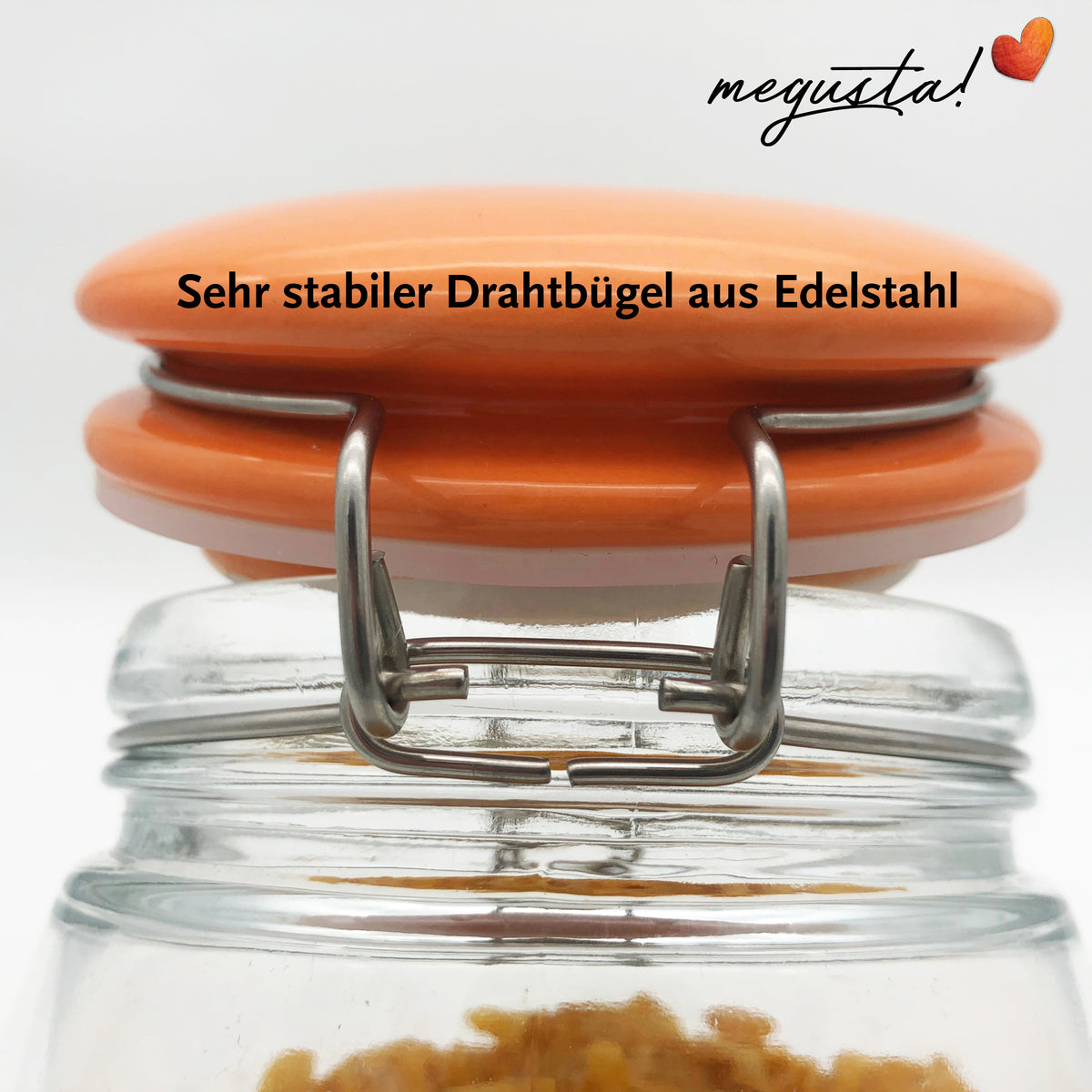 megusta® Vorratsglas 1200 ml | Deckel Keramik orange | Kaffeeglas, Müsliglas, Bonbonglas | luftdicht durch dicken Bügelverschluss + Silikonring