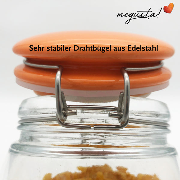 megusta® Vorratsglas 1200 ml | Deckel Keramik orange | Kaffeeglas, Müsliglas, Bonbonglas | luftdicht durch dicken Bügelverschluss + Silikonring