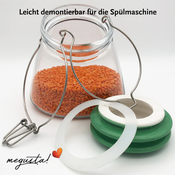 megusta!® Vorratsglas 1200 ml | Deckel Keramik grün | Kaffeeglas, Müsliglas, Bonbonglas | luftdicht durch dicken Bügelverschluss + Silikonring