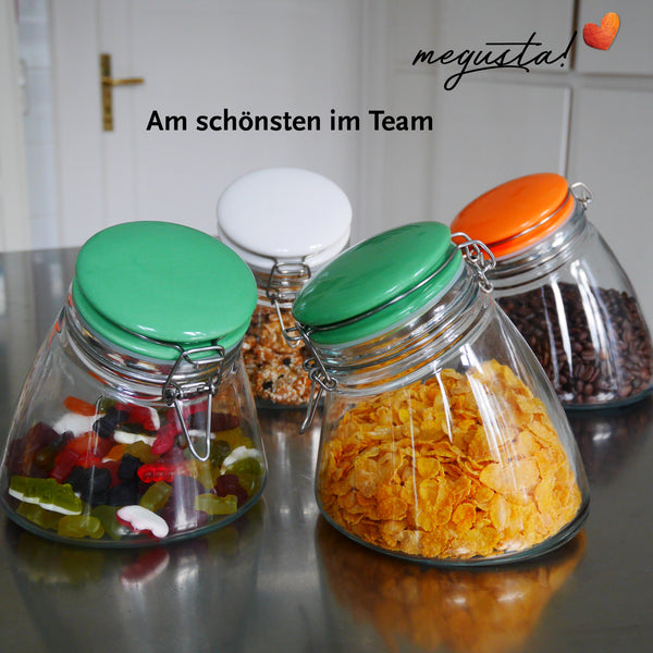 megusta!® Vorratsglas 1200 ml | Deckel Keramik grün | Kaffeeglas, Müsliglas, Bonbonglas | luftdicht durch dicken Bügelverschluss + Silikonring