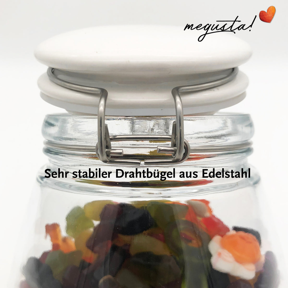 megusta® Vorratsglas 1200 ml | Deckel Keramik weiß | Kaffeeglas, Müsliglas, Bonbonglas | luftdicht durch dicken Bügelverschluss + Silikonring