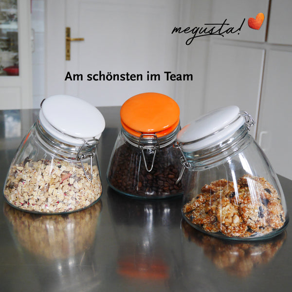 megusta® Vorratsglas 1200 ml | Deckel Keramik weiß | Kaffeeglas, Müsliglas, Bonbonglas | luftdicht durch dicken Bügelverschluss + Silikonring