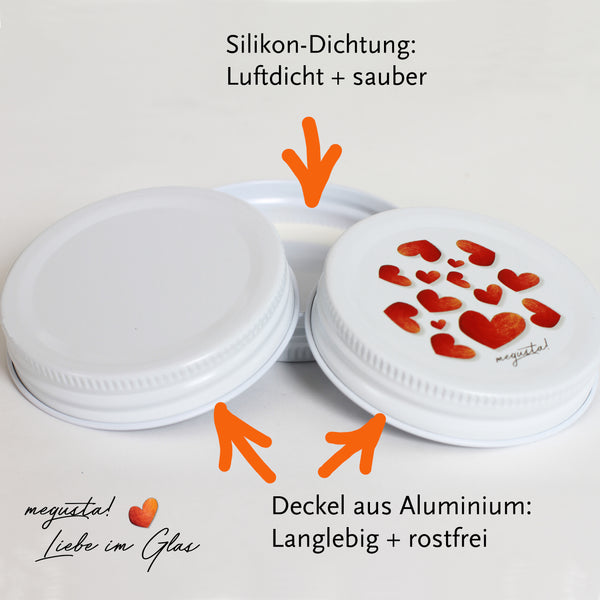 megusta!® 6 Einmachgläser mit Diamantmuster | 200-270 ml | Deckel Herzmuster | für Marmelade, Pesto, Chutney | Backen + Einfrieren | + Etiketten