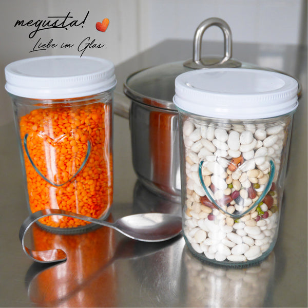 megusta!® 6 Einmachgläser mit Herz im Glas | 500 ml | weißer Schraubdeckel | für Gurken, Kürbis, Saucen, Suppen, Tee, Kaffee, Kekse, Bonbons