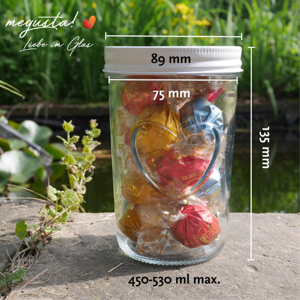 megusta!® 6 Einmachgläser mit Herz im Glas | 500 ml | weißer Schraubdeckel | für Gurken, Kürbis, Saucen, Suppen, Tee, Kaffee, Kekse, Bonbons