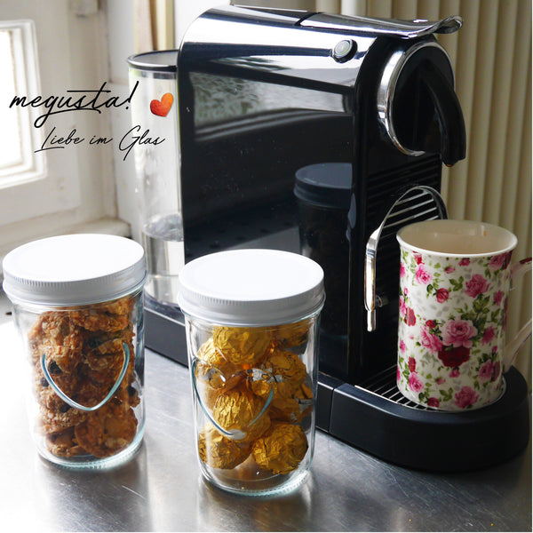 megusta!® 6 Einmachgläser mit Herz im Glas | 500 ml | weißer Schraubdeckel | für Gurken, Kürbis, Saucen, Suppen, Tee, Kaffee, Kekse, Bonbons