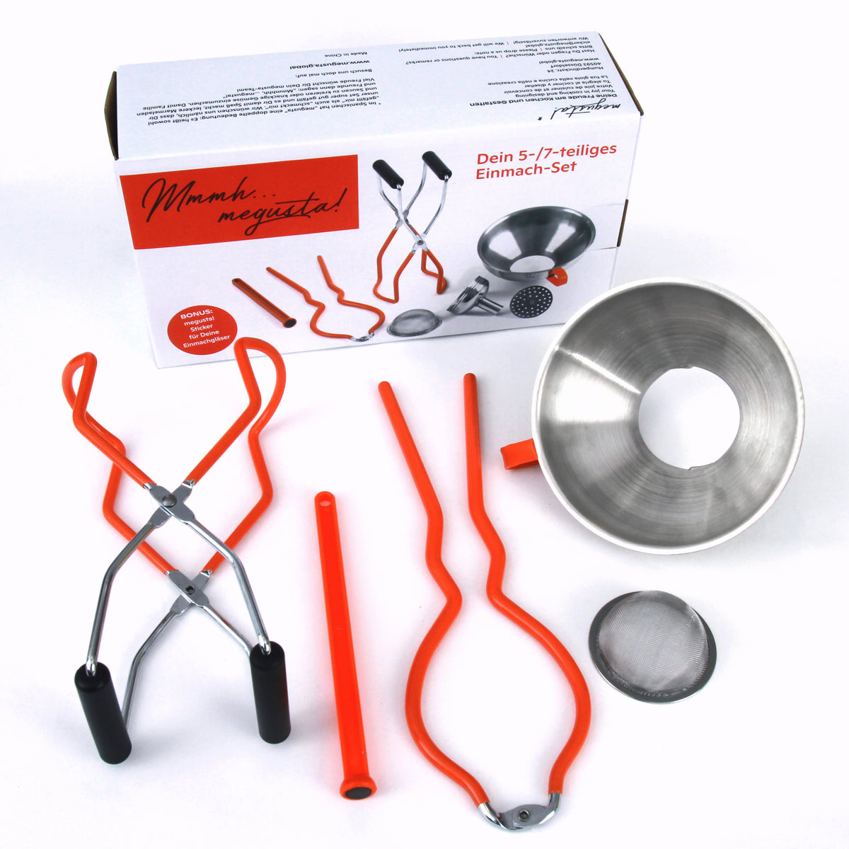 megusta!® Einmach-Set 5-teilig | Glasheber | Deckelöffner | Trichter Edelstahl | Deckelmagnet | feines Sieb | Einwecken + Umfüllen | + Einmach-Etiketten