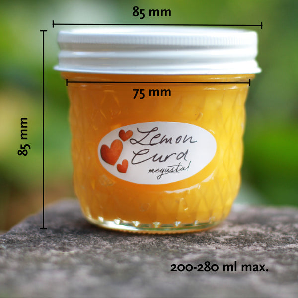 megusta!® 6 Einmachgläser mit Diamantmuster | 200-270 ml | Deckel Herzmuster | für Marmelade, Pesto, Chutney | Backen + Einfrieren | + Etiketten