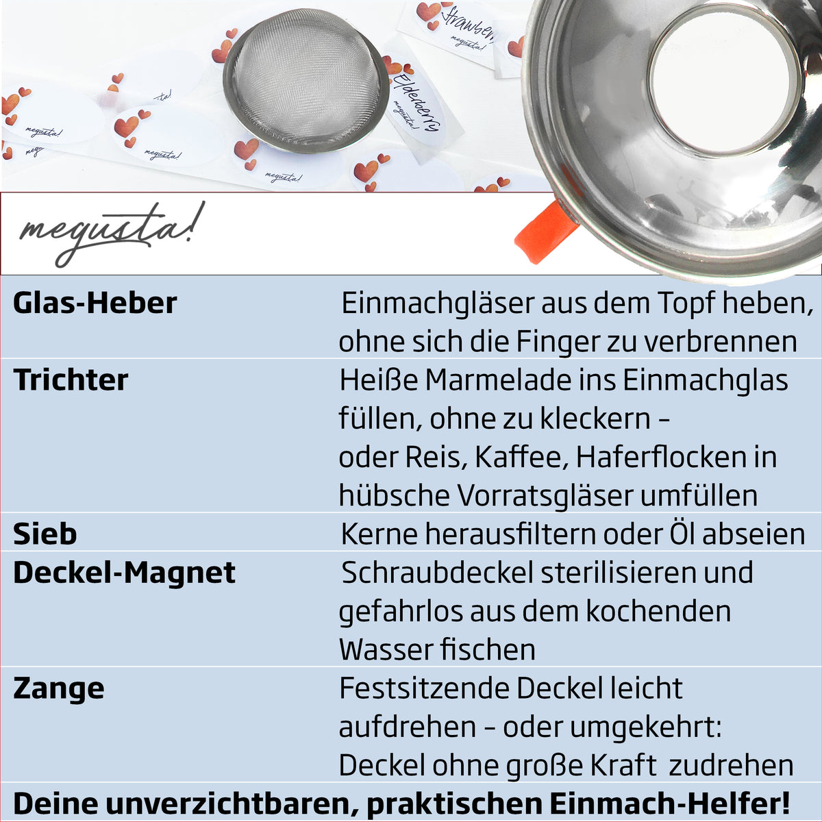 megusta!® Einmach-Set 5-teilig | Glasheber | Deckelöffner | Trichter Edelstahl | Deckelmagnet | feines Sieb | Einwecken + Umfüllen | + Einmach-Etiketten