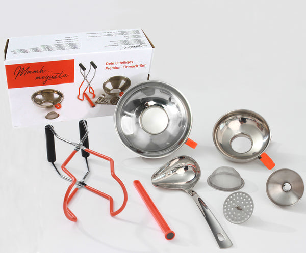 megusta!® Premium Einmach-Set 8-teilig | Glasheber | Schöpflöffel | 2 Trichter Edelstahl + Reduzierstück | Deckelmagnet | feines + grobes Sieb | + Einmach-Etiketten
